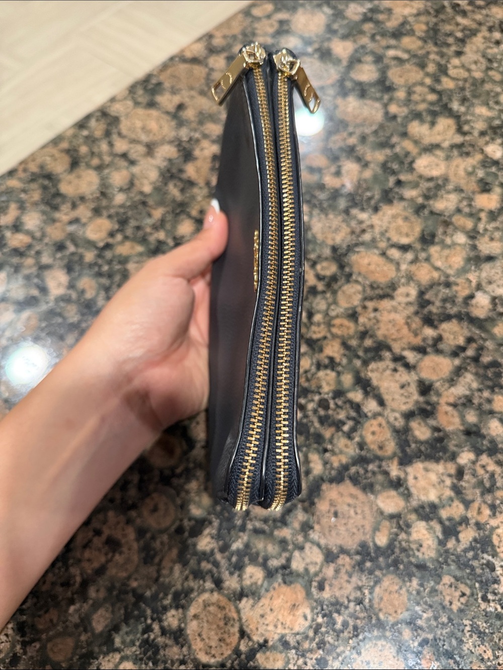 Coach Black double zip Pebbled Leather Wristlet with Gold Logo - Picture 4 of 7